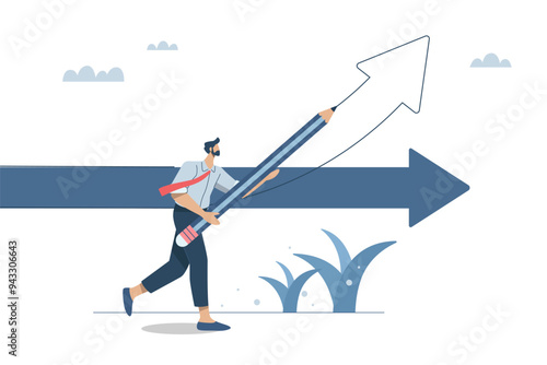 Changing investment strategies to grow or succeed in business, Adjustment or change in a progressive direction, Businessman draws new arrow to change the direction of the arrow. Vector illustration.