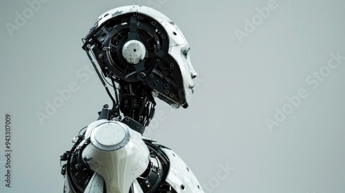 White metal android on a light plain background. The robot's head, side view. Close view, copy space