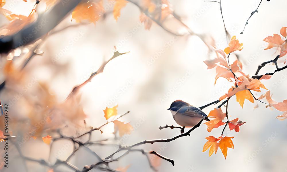 Autumn landscape. Bird sitting on a branch. Soft sunlight through colorful leaves. Watercolor illustration. Generative AI Autumn landscape. Bird sitting on a branch. Soft sunlight through colorful leaves. Watercolor illustration. Generative AI