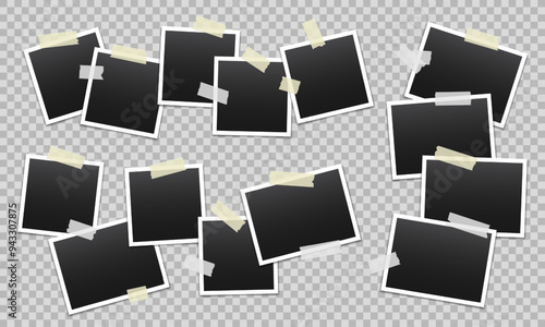 Vector blank photo frames with transparent adhesive tape isolated on transparent background. Template mockup photo design. Torn pieces of masking tape.