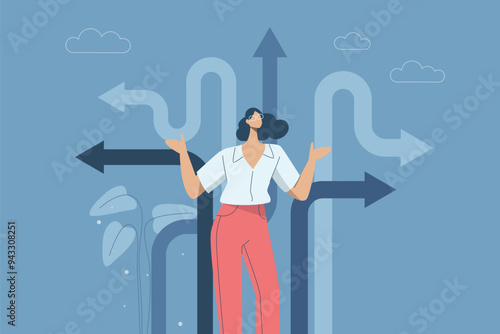 Confusion or decision about business approach, Difficult decision, Choosing the right direction, Finding the right business direction, Businesswoman thinking and making business decisions. Vector.
