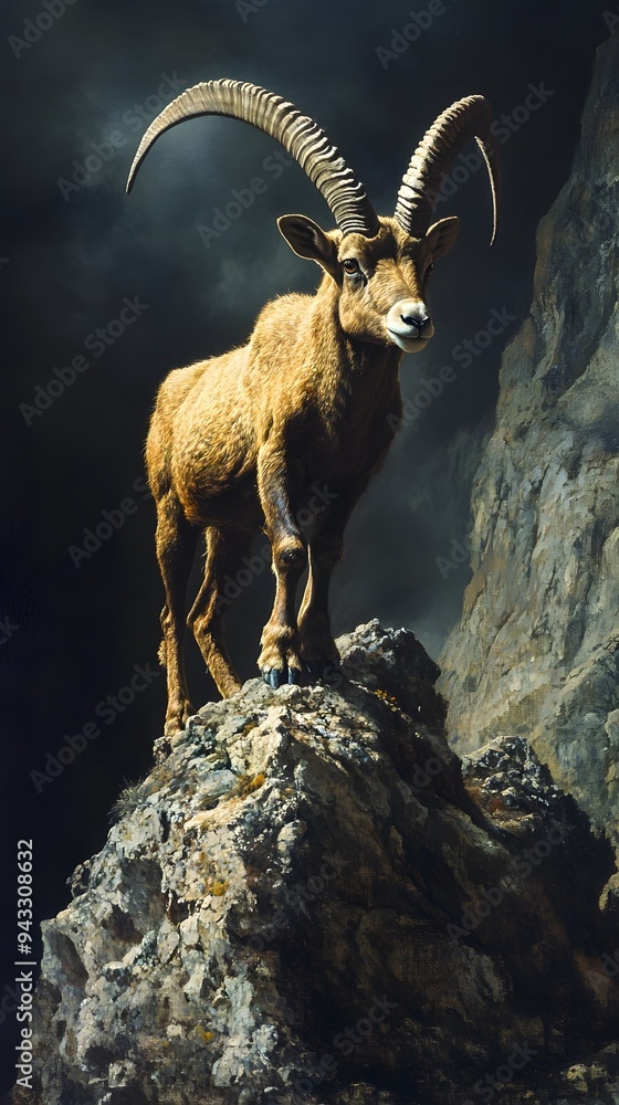 A Brown Ibex Standing on a Rocky Outcropping Against a Dark Sky A Brown Ibex Standing on a Rocky Outcropping Against a Dark Sky