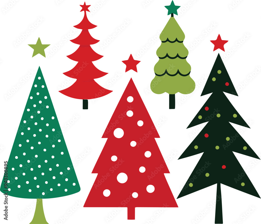Obraz premium Christmas trees isolated. Colorful vector illustration. Spruce and Pine Tree Illustration, artistic christmas tree collection design