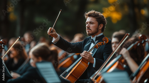 A professional symphonic orchestra, the conductor is holding his baton in front of him and looking at us with confidence. 