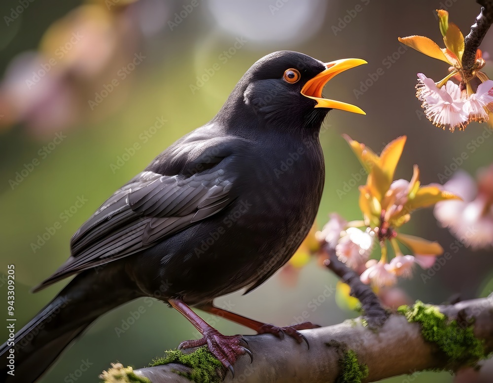 Fototapeta premium Blackbird Singing on a Branch in Springtime