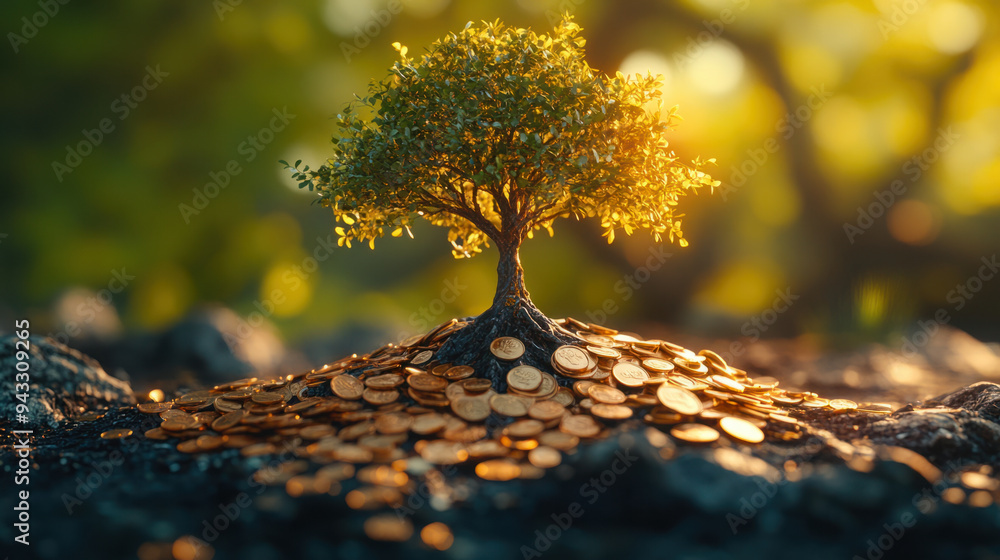 Tree and Coins, A tree grows from a pile of coins, representing wealth and the connection between nature and prosperity Tree and Coins, A tree grows from a pile of coins, representing wealth and the connection between nature and prosperity