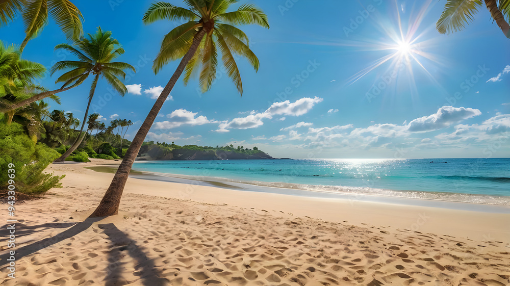 Obraz premium A beautiful tropical beach with palm trees and a clear blue sky, adds to its picturesque charm.