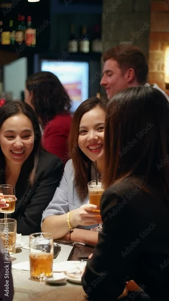 Diverse group of work colleagues out for drinks chatting and laughing. Diverse group of work colleagues out for drinks chatting and laughing.