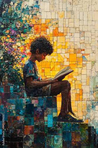 Boy reads book, AI generative illustration