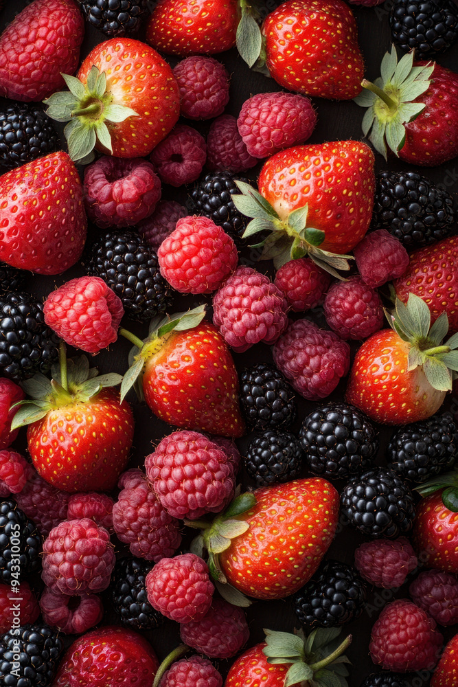 Mixed Berries, A vibrant assortment of fresh strawberries, raspberries, and blackberries displayed together, showcasing their bright colors and juicy textures Mixed Berries, A vibrant assortment of fresh strawberries, raspberries, and blackberries displayed together, showcasing their bright colors and juicy textures