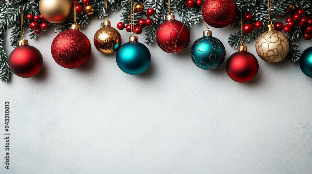 Stylish Christmas background with hanging ornaments on a white wall, featuring golden, red, and teal colors, with space for text, in a close-up, flat-lay composition. Stylish Christmas background with hanging ornaments on a white wall, featuring golden, red, and teal colors, with space for text, in a close-up, flat-lay composition.