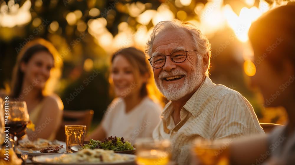 A heartwarming family gathering at home, where an elderly man and his adult children smile as they share dinner around the table in their backyard during sunset