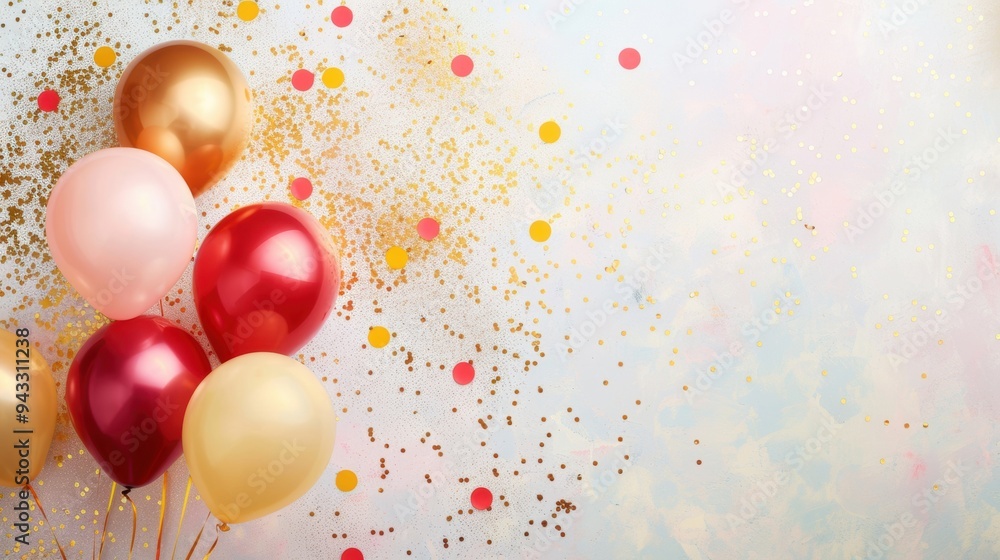 A festive arrangement of colorful party balloons against a background of sparkling gold confetti, perfect for celebration themes. A festive arrangement of colorful party balloons against a background of sparkling gold confetti, perfect for celebration themes.