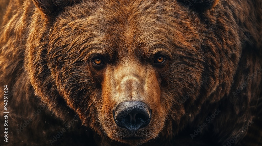 A closeup view of a brown bears face as it gazes directly at the camera A closeup view of a brown bears face as it gazes directly at the camera