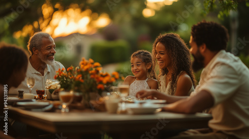 A heartwarming family gathering, with generations of diverse people sitting around the table in an outdoor setting at dusk, sharing laughter and stories over dinner