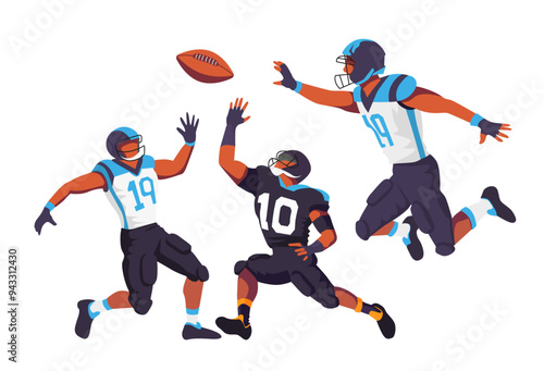 Football players are engaged in a dynamic play, with one jumping to catch a pass while two others defend on the field.