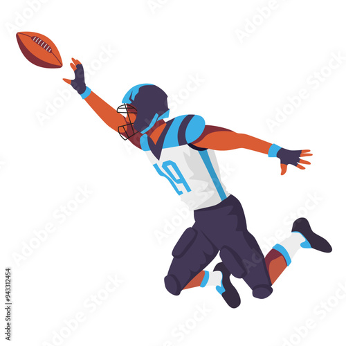 An athlete stretches out to catch a football mid-air while diving on the field during a competitive match. Vector illustration