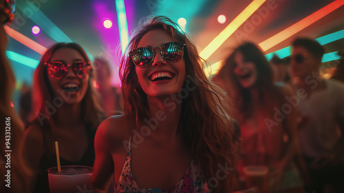 A group of friends celebrating at an underground rave party, toasting with champagne and dancing under colorful lights. They're dressed in trendy outfits like futuristic  photo