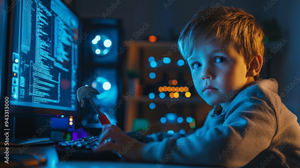 A child pretending to protect a toy computer from a cyber attack, using toy security tool A child pretending to protect a toy computer from a cyber attack, using toy security tool
