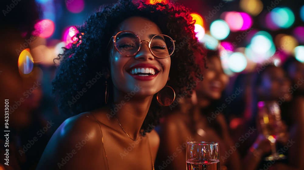 a group having fun at a party, with colorful laser lights and champagne glasses in hand. People of color are enjoying the music and laughing with friends a group having fun at a party, with colorful laser lights and champagne glasses in hand. People of color are enjoying the music and laughing with friends
