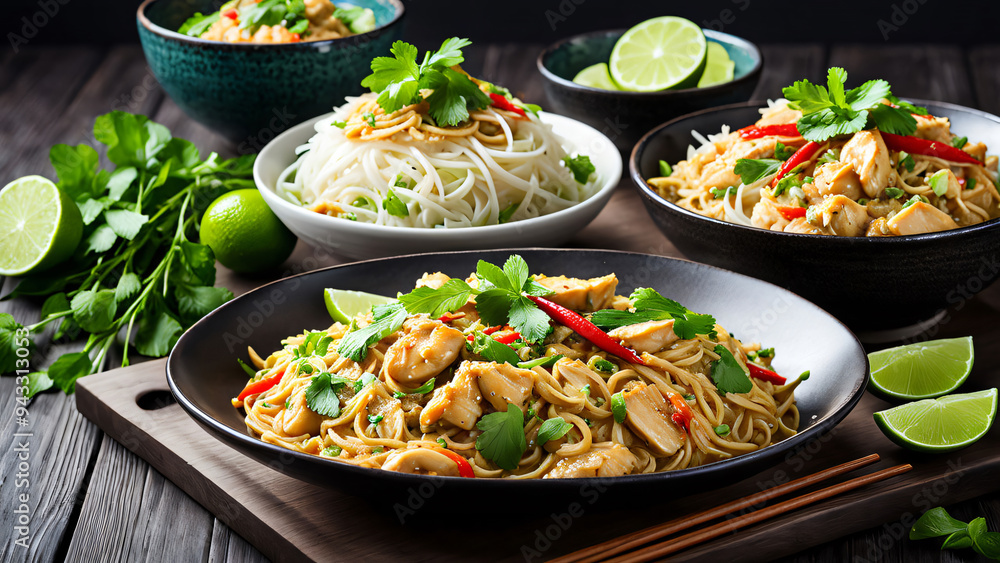 Delicious Thai Cuisine: Variety of Dishes, Vibrant Colors, Rustic Wooden Table, Banana Leaves, and Lime Wedges, Horizontal Delicious Thai Cuisine: Variety of Dishes, Vibrant Colors, Rustic Wooden Table, Banana Leaves, and Lime Wedges, Horizontal
