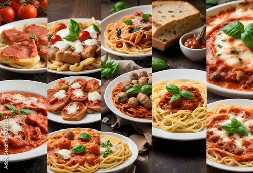 Italian Gourmet Food Collage Spaghetti Tomato Sauce Vegetables Pizza