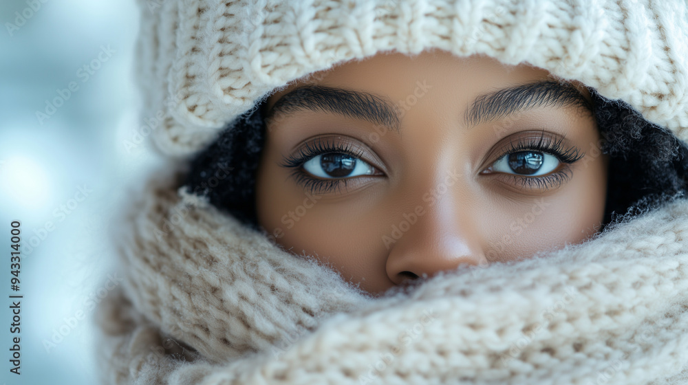 A close-up portrait of an African American woman wearing a white knitted hat and scarf, her face partially covered by the woolen garment against a neutral background A close-up portrait of an African American woman wearing a white knitted hat and scarf, her face partially covered by the woolen garment against a neutral background