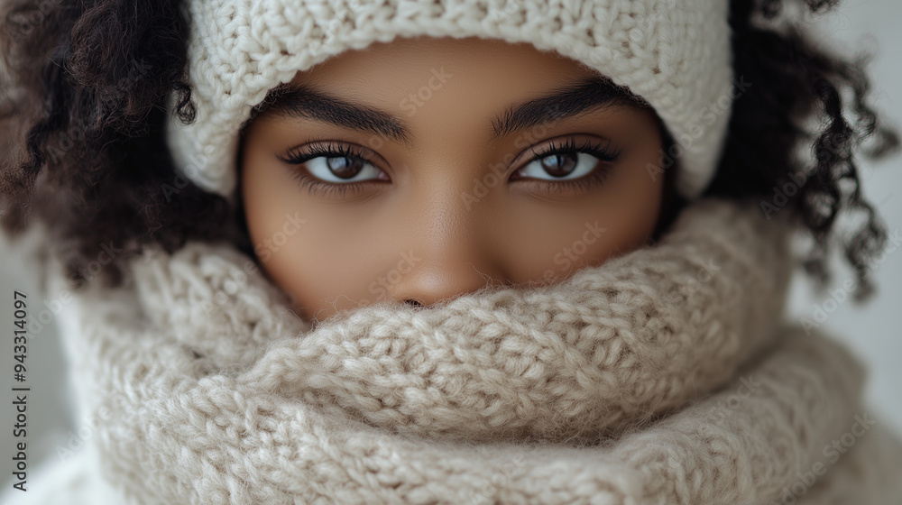 A close-up portrait of an African American woman wearing a white knitted hat and scarf, her face partially covered by the woolen garment against a neutral background A close-up portrait of an African American woman wearing a white knitted hat and scarf, her face partially covered by the woolen garment against a neutral background