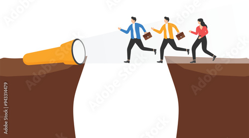 a man in a business suit carefully go over abyss, a bridge over a cliff, business success

