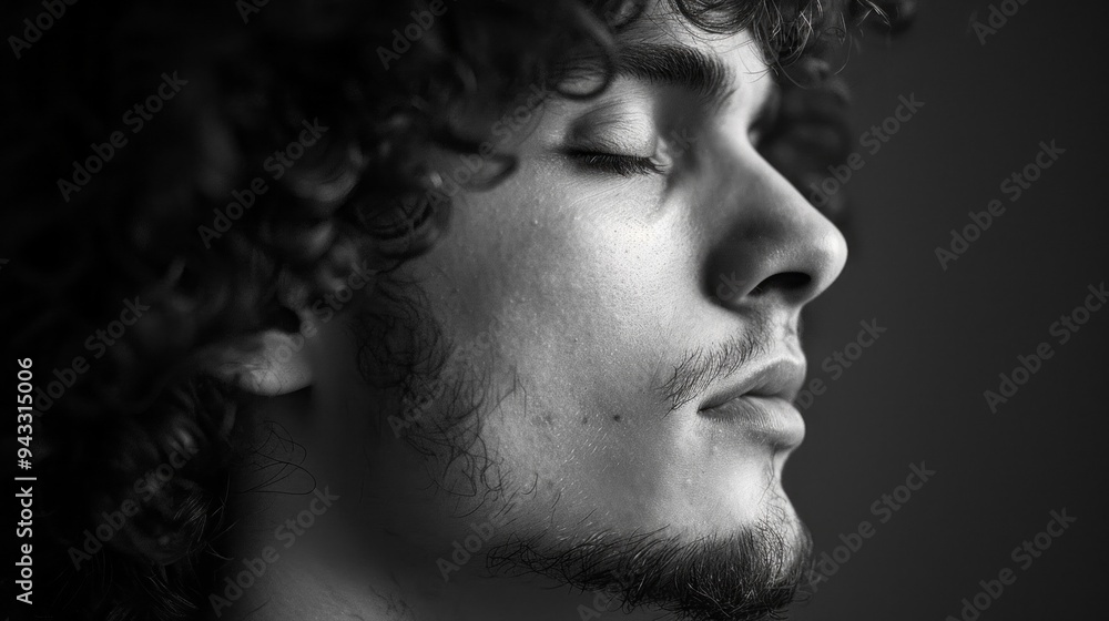 A man with a beard and curly hair is looking at the camera A man with a beard and curly hair is looking at the camera