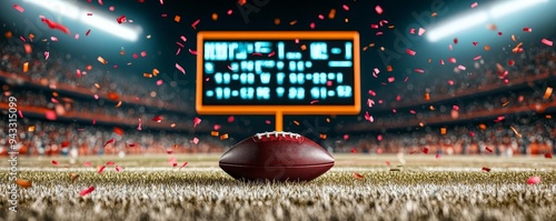 Stadium scoreboard showing the final touchdown score, football resting in the end zone, confetti fluttering down, goal post in the distance, victory moment, celebration aftermath