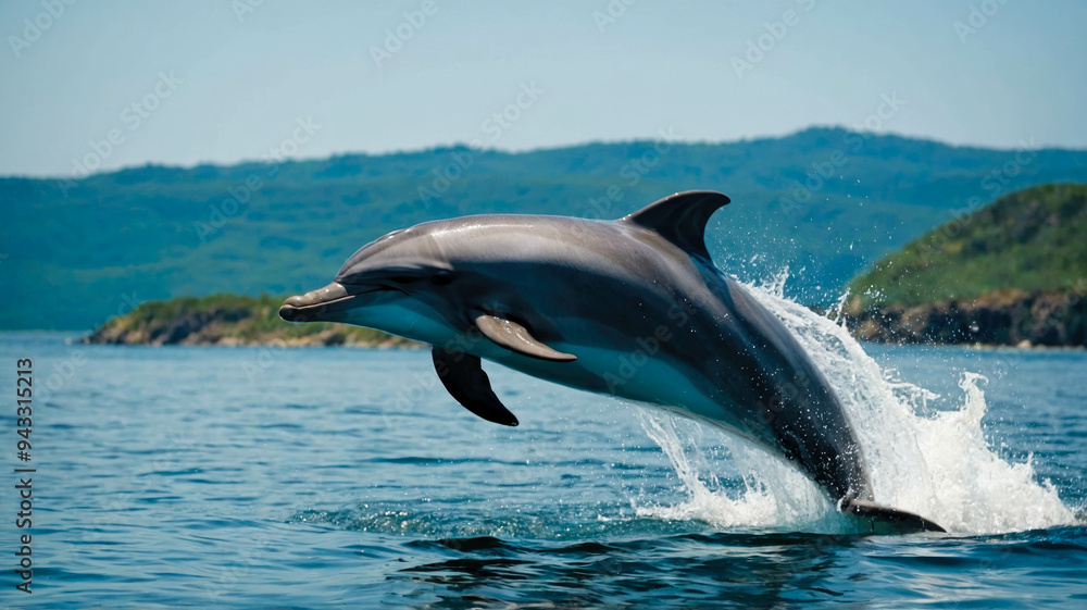 Fototapeta premium A dolphin leaps gracefully out of the ocean, silhouetted against a bright blue sky