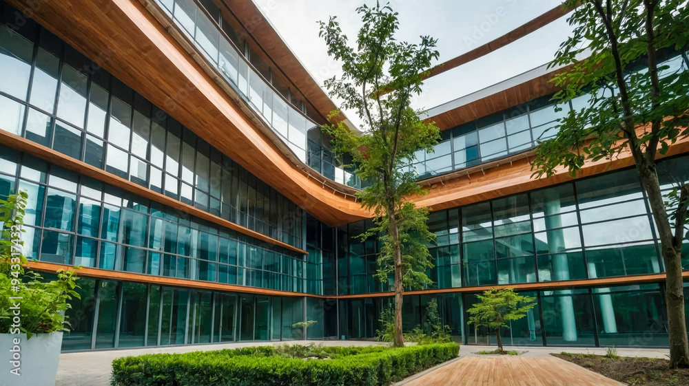 Eco-friendly architectural design featuring glass facades and wooden accents in a green courtyard