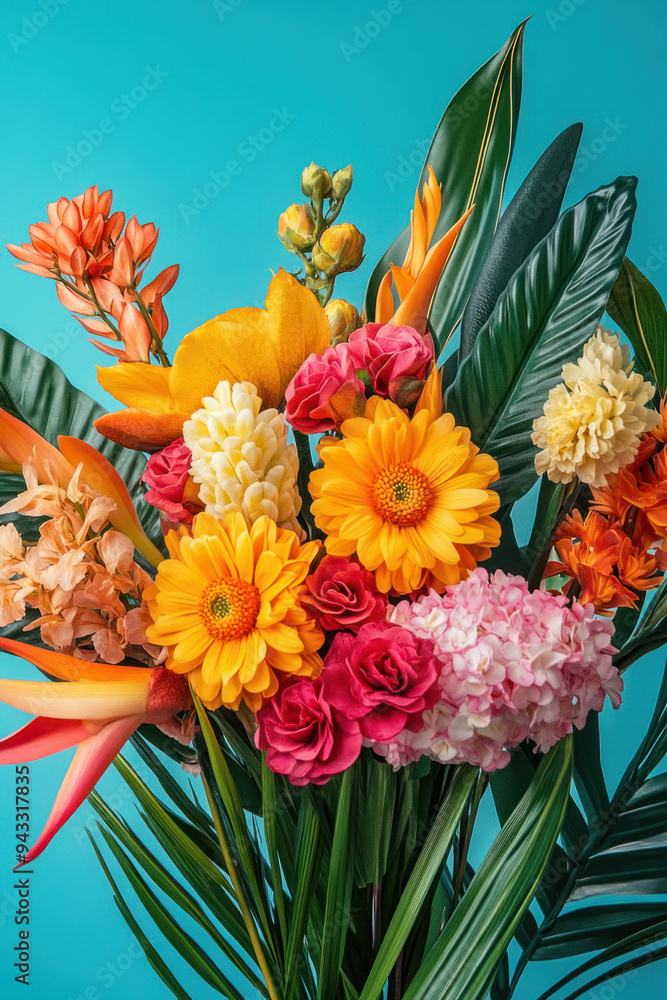 Tropical Flower Arrangement, A vibrant tropical flower arrangement set against a turquoise background, perfect for brightening up any space or occasion Tropical Flower Arrangement, A vibrant tropical flower arrangement set against a turquoise background, perfect for brightening up any space or occasion