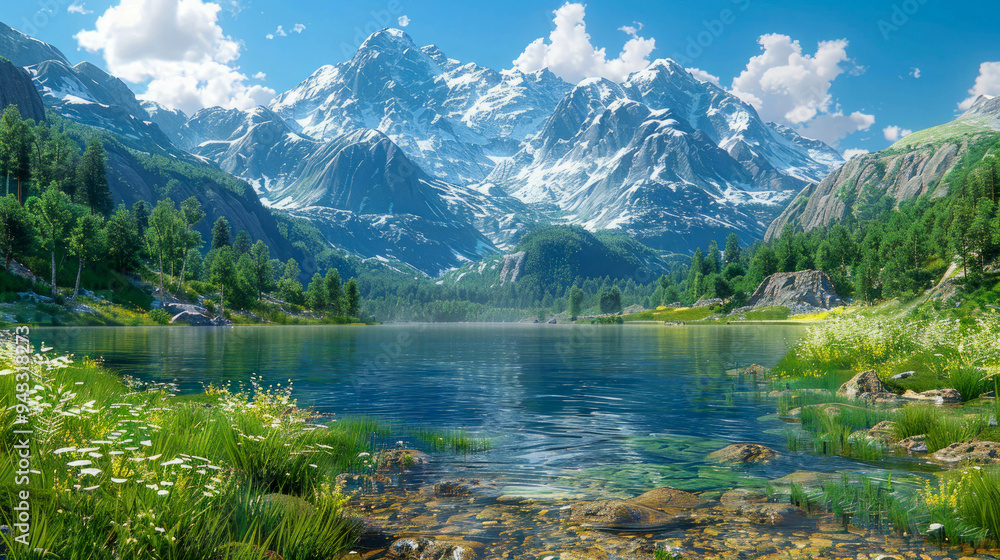 A serene landscape of a peaceful pond with a picturesque waterfall and a cottage in the background A serene landscape of a peaceful pond with a picturesque waterfall and a cottage in the background