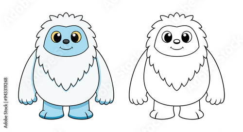 Cute blue yeti with happy face and colorless version for coloring. Vector cartoon illustration.