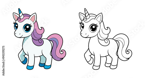 Adorable unicorn with colorful mane and colorless version for coloring. Vector cartoon illustration.