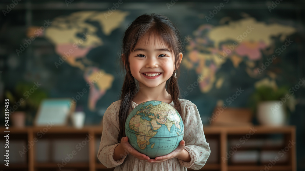 Portrait of a happy Asian little girl holding a globe in a classroom, with a world map in the background. Concept for education and global connection. Copy space available. Portrait of a happy Asian little girl holding a globe in a classroom, with a world map in the background. Concept for education and global connection. Copy space available.