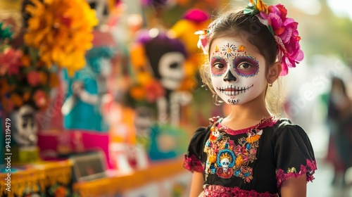 7. A young girl with face paint, dressed as a sugar skull, standing in front of a brightly decorated altar