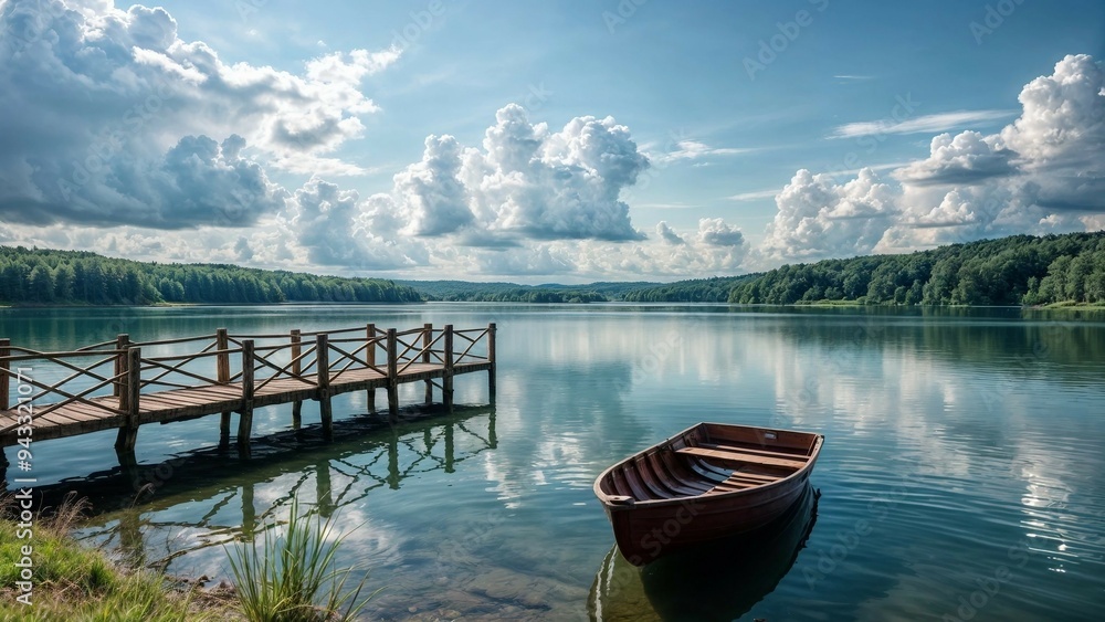 Serene Lakeside Scene with a Wooden Dock and Rowboat Serene Lakeside Scene with a Wooden Dock and Rowboat