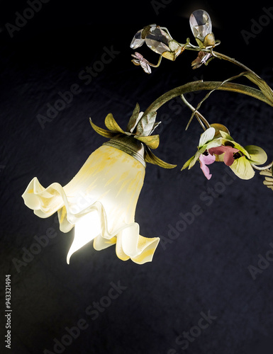 Obraz na płótnie Chandelier lamp with flowers and metal, Bohemian glass Beautiful exquisite natural motifs with crystals on a black background isolate w salonie