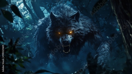 31. A werewolf emerging from the shadows of a dense forest, with glowing eyes and sharp teeth