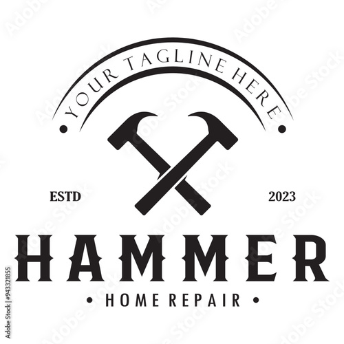 retro vintage crossed hammer and nail logo for home repair services, carpentry, badges, builders, woodworking, construction, vector