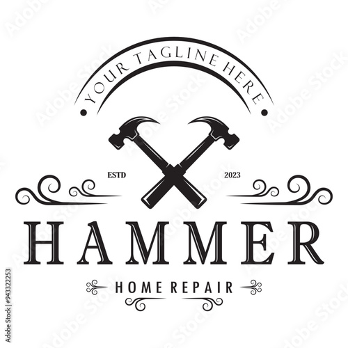 retro vintage crossed hammer and nail logo for home repair services, carpentry, badges, builders, woodworking, construction, vector