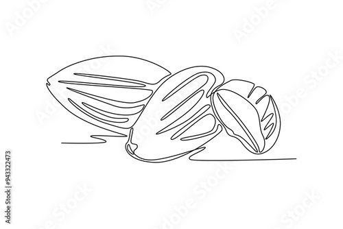 Single one line drawing whole healthy organic almonds group for snack ingredient logo identity. Fresh edible seed concept for fruit icon. Modern continuous line draw design graphic vector illustration
