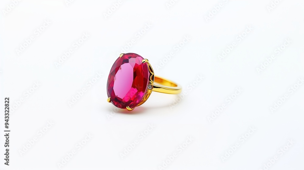: A gold ring featuring a large pink gemstone, elegantly placed on a white background, highlighting its deep color. : A gold ring featuring a large pink gemstone, elegantly placed on a white background, highlighting its deep color.