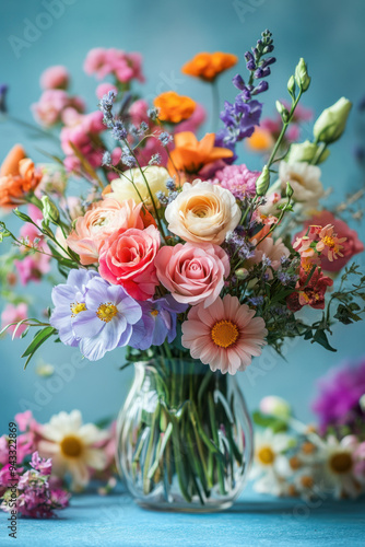 Spring Flower Bouquet,  Beautiful bouquet of colorful spring flowers on a pastel blue table, perfect for International Women's Day greeting cards