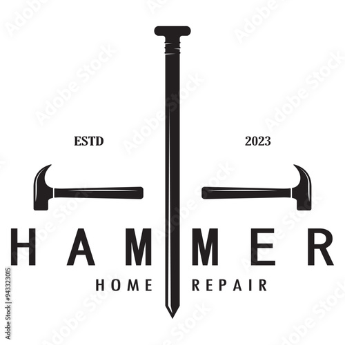 retro vintage crossed hammer and nail logo for home repair services, carpentry, badges, builders, woodworking, construction, vector
