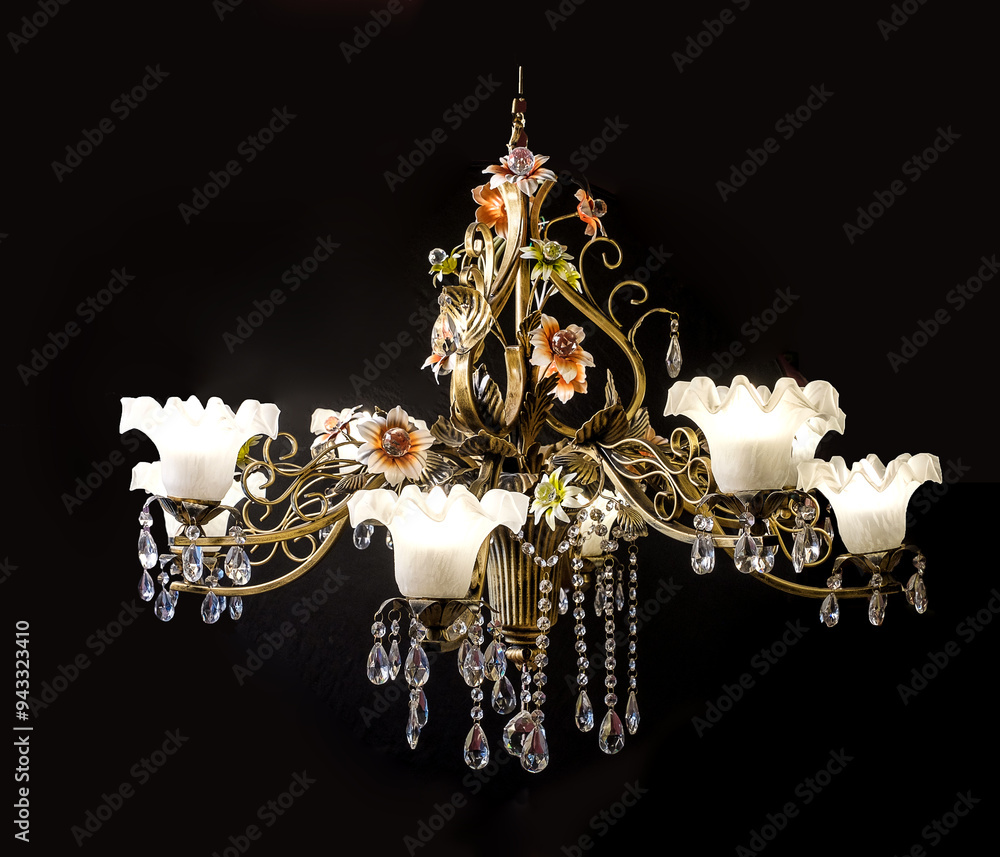 Chandelier lamp with flowers and metal, Bohemian glass Beautiful exquisite natural motifs with crystals on a black background isolate