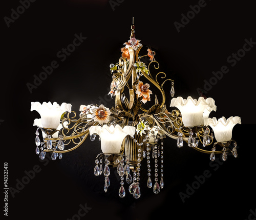 Obraz na płótnie Chandelier lamp with flowers and metal, Bohemian glass Beautiful exquisite natural motifs with crystals on a black background isolate w salonie